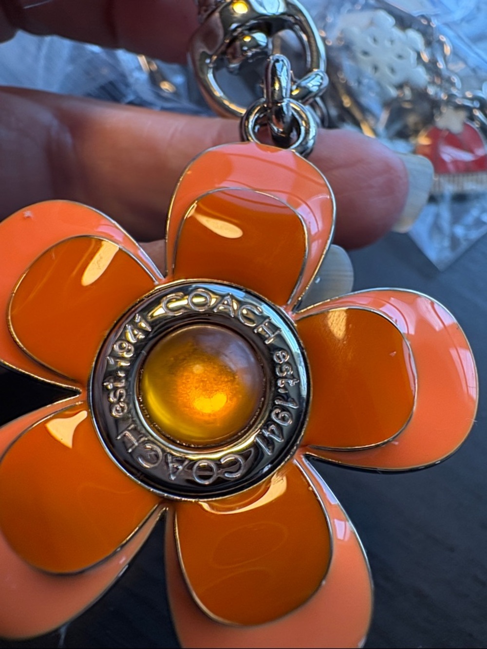Coach Orange Enamel Flower Key Charm/Bag Jewelry with Silver Hardware - Picture 2 of 5